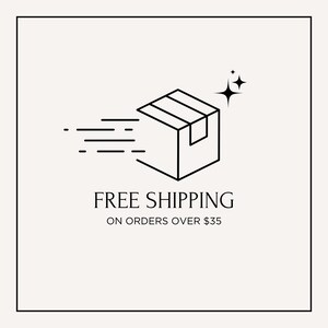 a simple line drawing of a box with a shipping label, accompanied by the text "FREE SHIPPING ON ORDERES OVER $35".