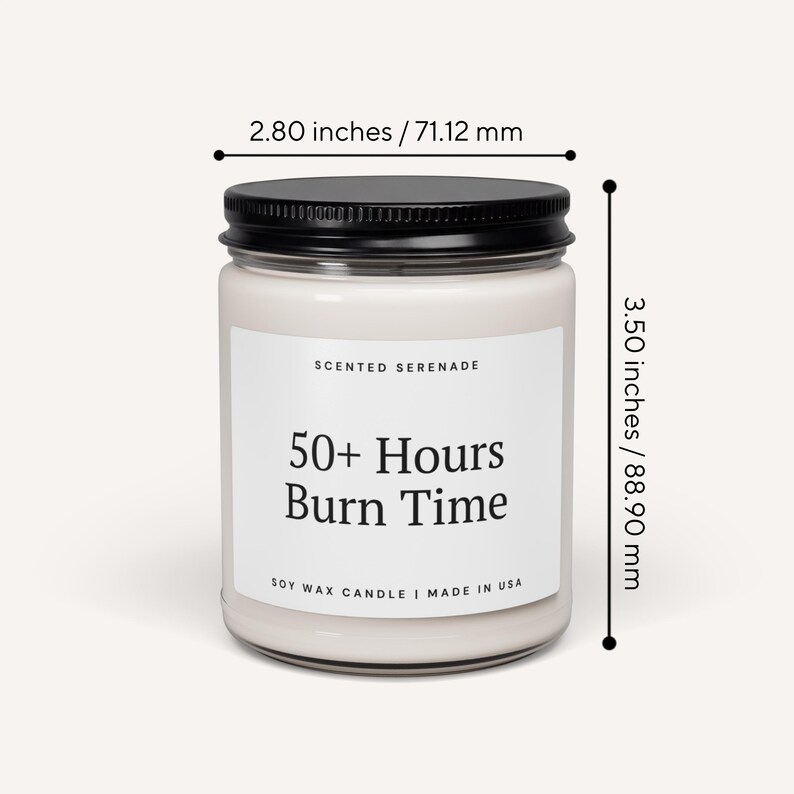 a white candle labeled "Scented Serenade" with a black cap. The candle is described as having a 50+ Hours Burn Time and is made in the USA. The candle is approximately 2.80 inches tall, with a 712 mm height.