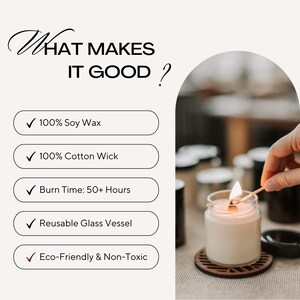 a hand lighting a soy wax candle in a glass jar, with a list of features highlighted in the background.