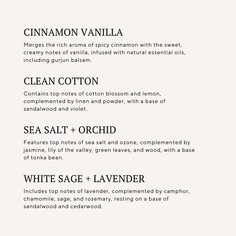 a collection of scented candles, each with a unique aroma and composition. The candles are made from various natural ingredients, such as cinnamon, cotton, sea salt, white sage, and lavender. The candles are arranged in a visually appealing manner, showcasing the different fragrances and colors they offer.