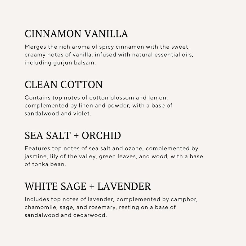 a collection of scented candles, each with a unique aroma and composition. The candles are made from various natural ingredients, such as cinnamon, cotton, sea salt, white sage, and lavender. The candles are arranged in a visually appealing manner, showcasing the different fragrances and colors they offer.