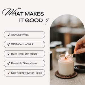a hand lighting a soy wax candle in a glass jar, with a list of features highlighted in the background.