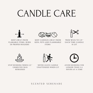 text and symbols related to candle care, including instructions on how to properly use and maintain candles.