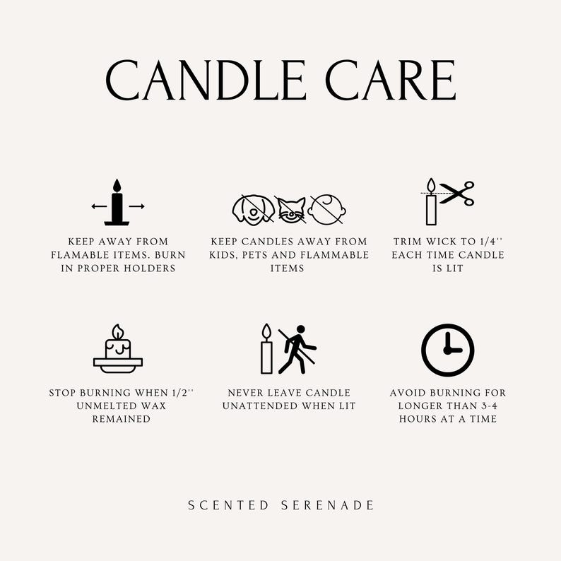 text and symbols related to candle care, including instructions on how to properly use and maintain candles.