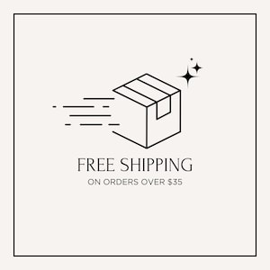 a simple line drawing of a box with a shipping label, accompanied by the text "FREE SHIPPING ON ORDERES OVER $35".