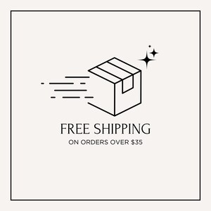 a simple line drawing of a box with a shipping label, accompanied by the text "FREE SHIPPING ON ORDERES OVER $35".