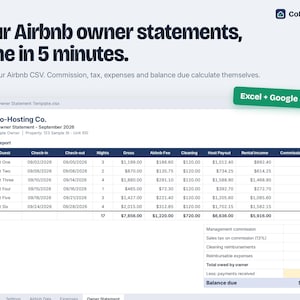 May include: A digital spreadsheet template for Airbnb owner statements titled Your Co-Hosting Co. The document displays a monthly booking report with columns for guest names, dates, nights, gross income, fees, and a final balance due of 797.94.