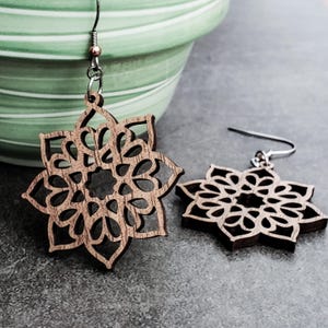 Wooden Earrings, Walnut Wood Mandala Floral Earrings, BOHO Wood Earring, Stocking Stuffer, Gift for Her