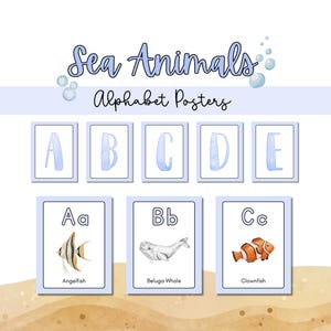Sea Animal Alphabet Posters for Homeschool Decor Alphabet Ocean Animal Nursery Poster for Education Printable Under the Sea Alphabet Cards