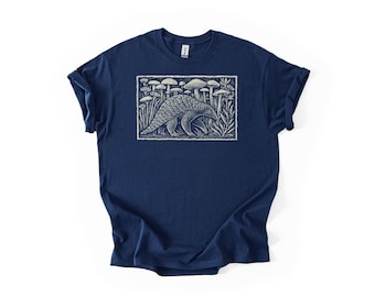 Pangolin Mushroom Forest Shirt – Vintage Nature Etching Tee – Botanical Wildlife Gift