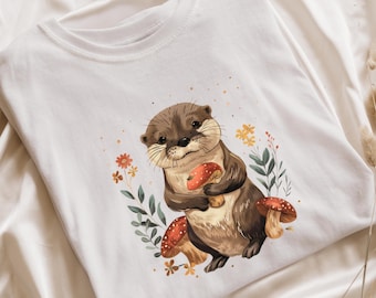 Cottage Core T-shirt grafica carina con lontra / Illustrazione vintage di funghi e animali / Regalo perfetto per gli amanti della natura