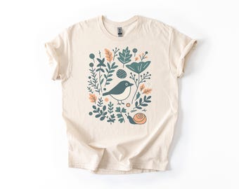 Forest Bird and Snail Shirt – Whimsical Woodland Nature Tee – Cozy Cottagecore Gift