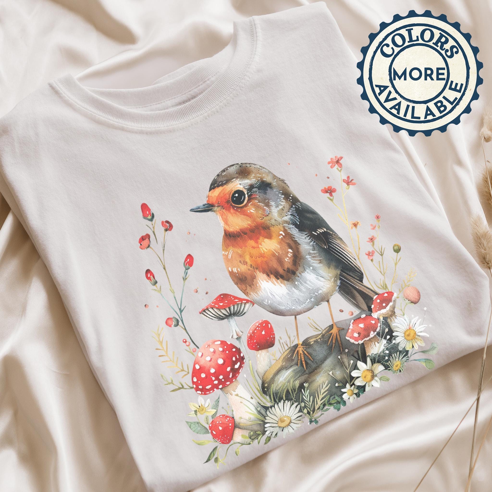 Maglietta Cottagecore Robin Spirit Animal / Maglietta Totem Uccello Stravagante, Maglietta Fungo del Bosco, Regalo Fairycore per gli amanti della natura