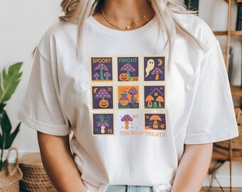Spooky Fungi Shirt | Haunted Mushroom Stamp Tee, Tricks & Treats Ghost and Witch Hat Graphic