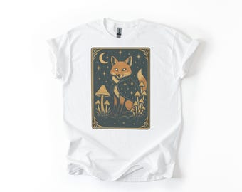Starry Fox Shirt – Celestial Forestcore Tee with Mushrooms