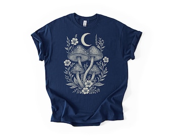Lunar Mushroom Trio Shirt – Celestial Botanical Etching Tee – Mystic Forestcore Gift