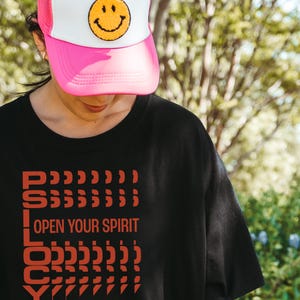 Mushroom Shirt | Psilocybe Open Your Spirit Graphic Tee, Magic Mushroom Brutalist Typography, Psychedelic Trippy Shirt on Black 237