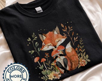 Maglietta Cottagecore Fox Spirit Animal / Maglietta Whimsical Forest Totem, Maglietta Red Mushroom Woodland per anime intelligenti e amanti della natura