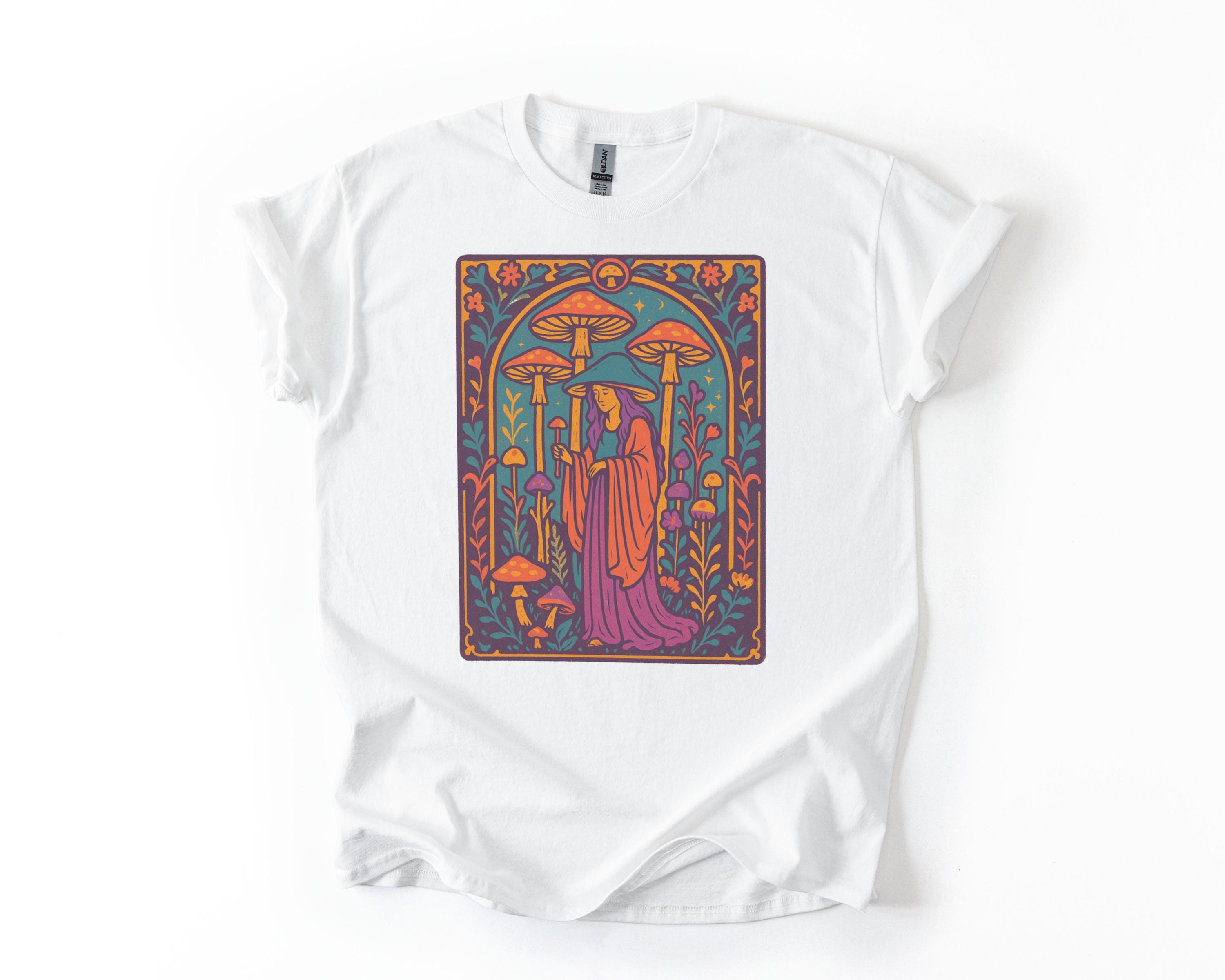 キノコの女神サイケデリックシャツ - レトロフォーク菌類Tシャツ
