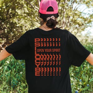 Mushroom Shirt | Psilocybe Open Your Spirit Graphic Tee, Magic Mushroom Brutalist Typography, Psychedelic Trippy Shirt on Black 237