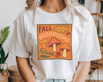 Fall Mushrooms Shirt | Seasonal Fungi Stamp Tee, Oak Leaves & Acorn Graphic Nature Art