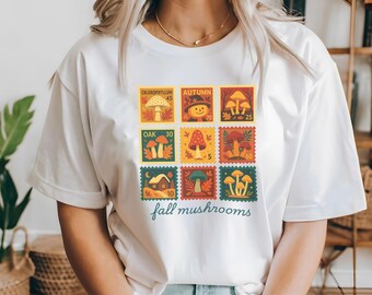 Fall Fungi Shirt | Autumn Mushroom Stamp Tee, Oak Leaves & Rustic Woodland Graphic