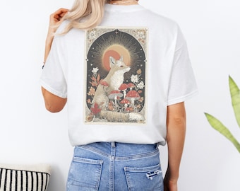 Zauberhaftes Fuchs T-Shirt – Verzauberter Waldfuchs mit Pilzen und Sunburst