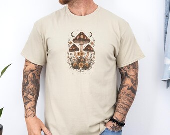 Enchanted Mushroom Shirt | Dark Cottagecore Fungi Tee, Witchy Forest Print, Mystical Moon Phases, Vintage Nature Aesthetic 347