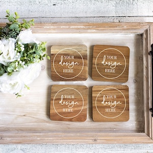 Acacia Wood Coaster Mockup: Square Farmhouse Style (Digital Download)