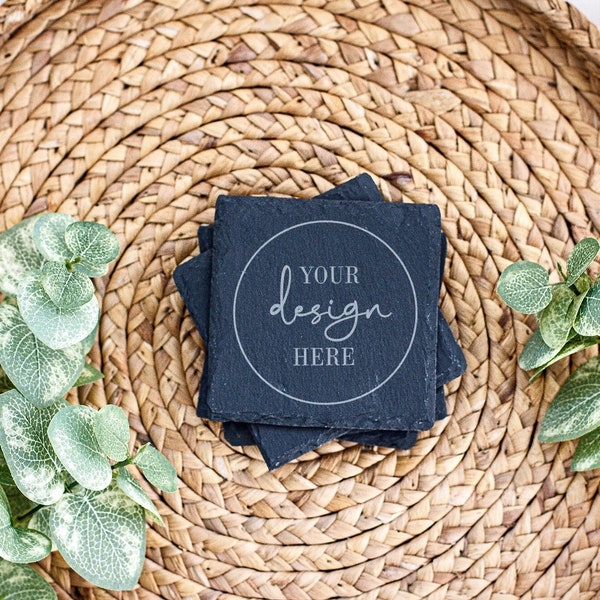 Black square slate coaster mockup. Blank drink coaster mock up image. Add your design template