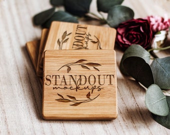 Laser Engraved Bamboo Coaster Mockup: Smart Object PSD Template (Digital Download)