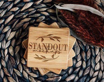 Etched Wood Coaster Mockup: Laser Engraved Bamboo (Photoshop PSD)
