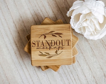 Engraved Bamboo Drink Coaster Mockup: PSD Laser Etched Design