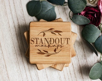 Square Bamboo Coaster Mockup: Laser Etching PSD Template (Digital Download)