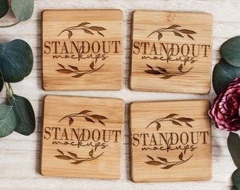 Laser etched square bamboo wooden drink coaster product mockup, Add your own design