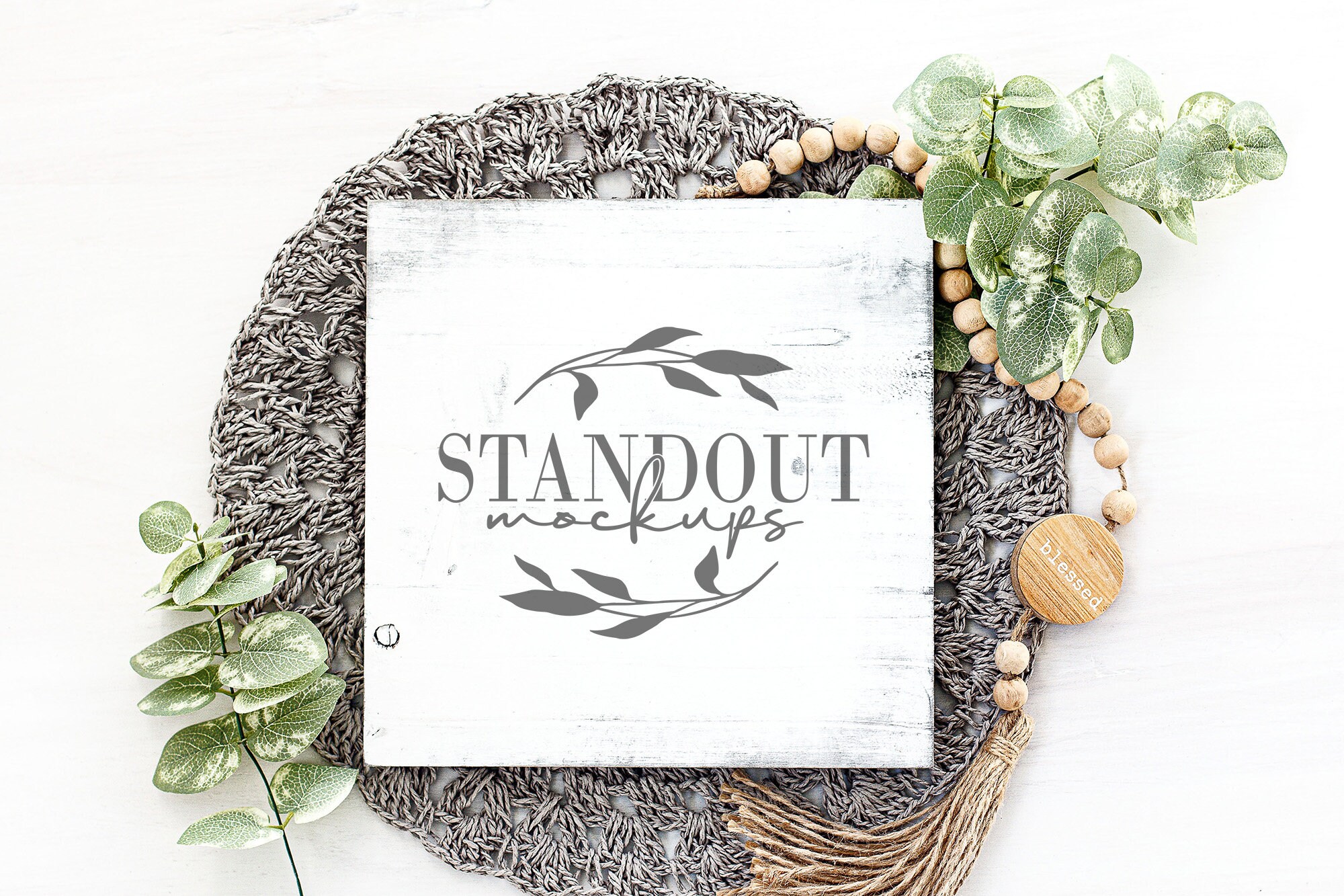 Boho Square Wood Sign Mockup: Whitewashed Farmhouse Style (Digital Download)