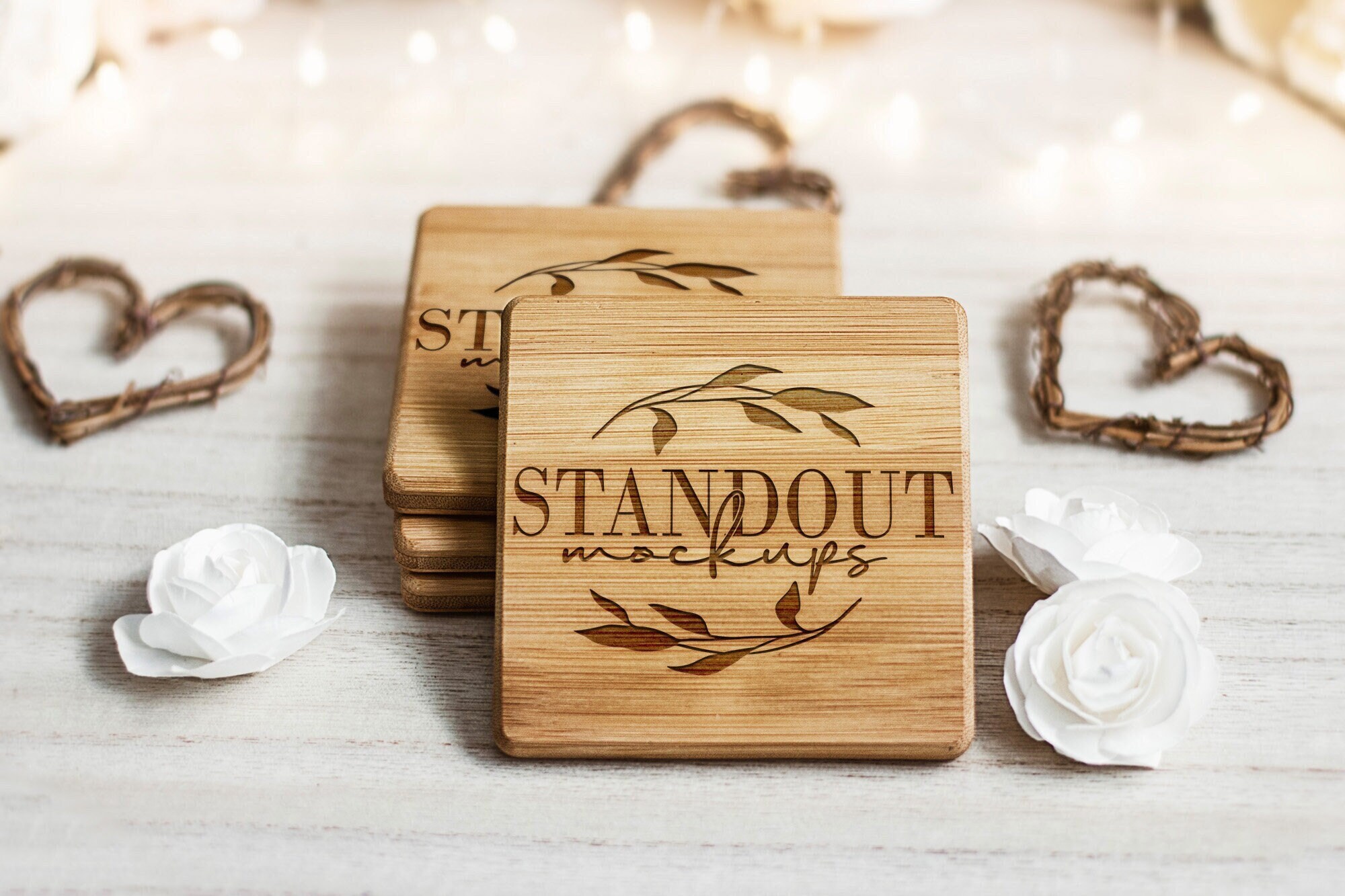 Engraved Wood Coaster Mockup: Square Bamboo PSD Template