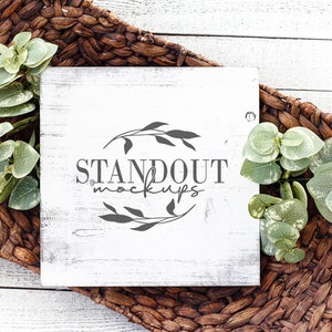Square blank sign mockup. Add your design stock image product photography, white wooden sign mock up