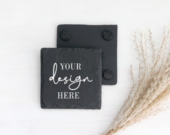 Square slate coaster mockup. Black drink coaster flat lay mock up image. Add your design