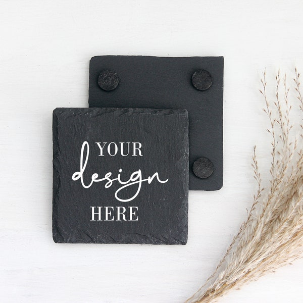 Square slate coaster mockup. Black drink coaster flat lay mock up image. Add your design