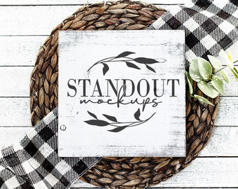 Farmhouse Wood Sign Mockup: White Square Plaque (Digital Download)