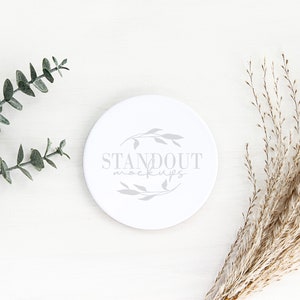 White ceramic round coaster mockup, boho flat lay mock, sublimation coaster, button pin mockup. add your design