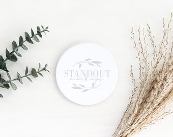 White ceramic round coaster mockup, boho flat lay mock, sublimation coaster, button pin mockup. add your design