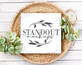 White Wood Sign Mockup: Boho Square Plaque (Digital Download)