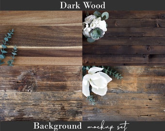 Rustic wood background mockup bundle. Styled digital dark wood floor backdrops. Add your design scene creator