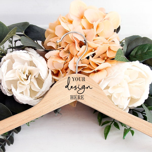 Bridal hanger mockup. Wooden hanger mock up for engraved pod products. Add your design
