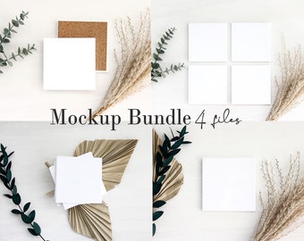 Boho-onderzettermodelbundel: blanco onderzetters met vierkante tegelsublimatie. Mock-ups voor gestileerde stockfoto's