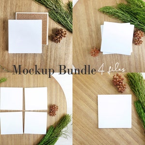 May include: A mockup bundle of four files, each featuring a white square on a wooden surface. The squares are accompanied by sprigs of green foliage and small brown pinecones. The text "Mockup Bundle 4 files" is displayed.