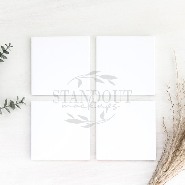 Boho sublimation coaster mockup. Square white coaster. Styled stock photo. Add your design