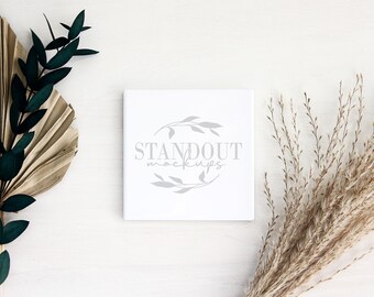 White square ceramic coaster mockup, sublimation coaster mock, boho flat lay mock up, coaster stock photo. Add your design